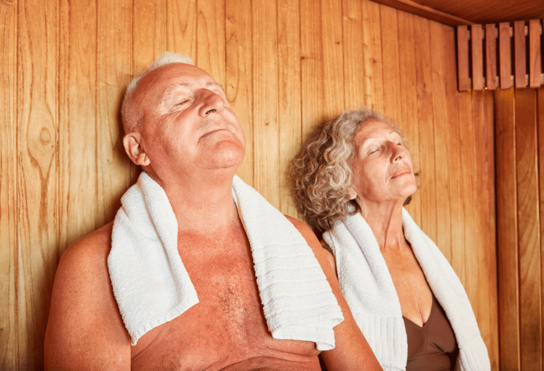 Retired people spending time in the sauna after receiving their weekly massages at the spa from their retirement village. Retired people spending time in the sauna after receiving their weekly massages at the spa from their retirement village.